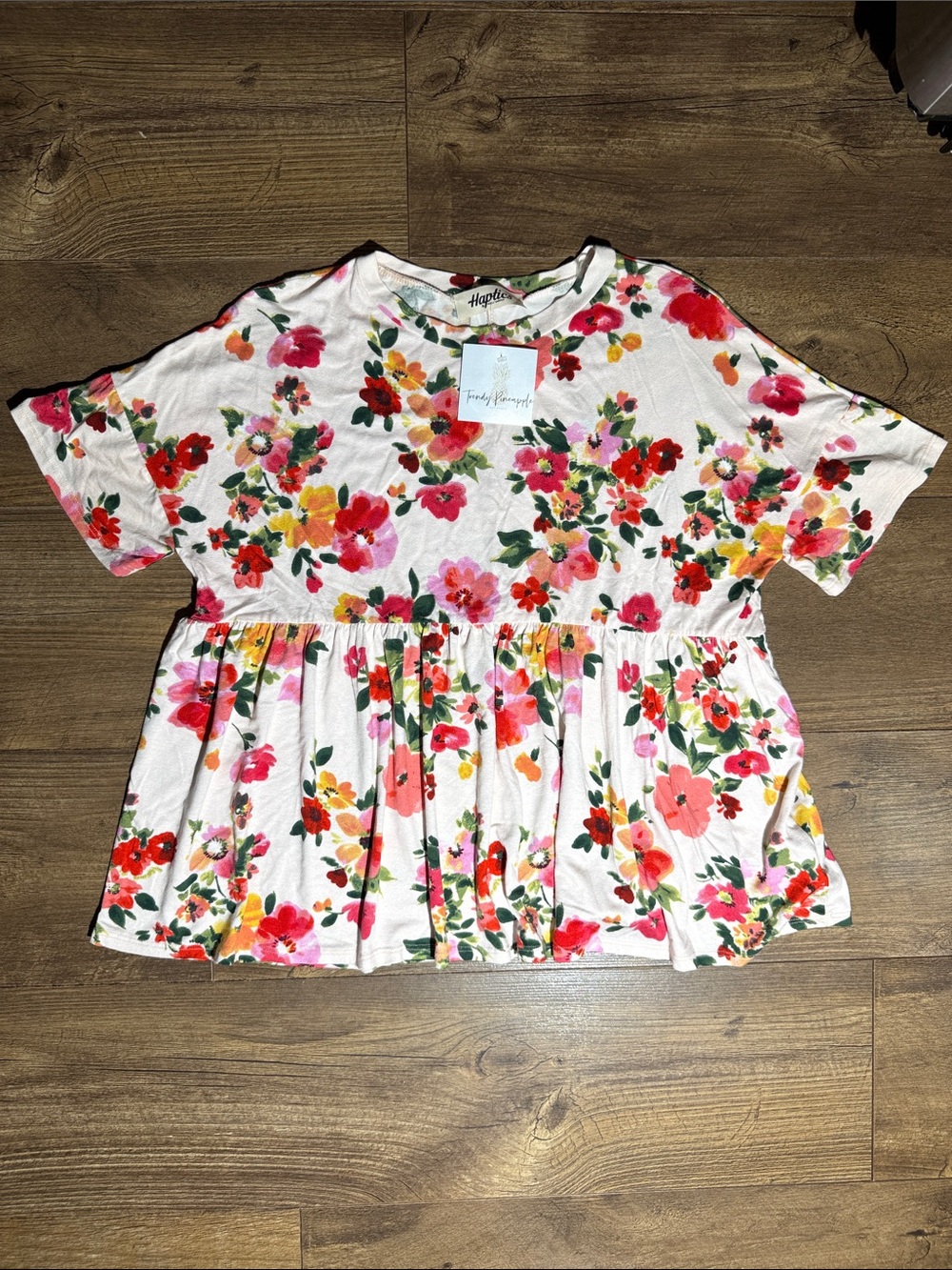 Haptics Colorful Floral Peplum Short Sleeve Blouse - Women Small and Medium